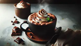 Decadent vegan hot chocolate steams on a minimalist table, topped with vegan whipped cream, cocoa powder, dark chocolate chips, and fresh mint.