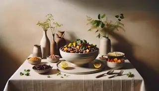 Elegant vegan African dish with kidney beans, millet, and sweet potatoes in a ceramic bowl, garnished with cilantro, lemon wedges, on a minimalist table with a simple vase.
