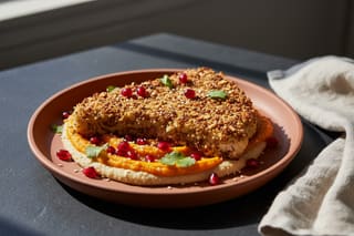 Dukkah-crusted cauliflower steak over orange sweet potato and teff mash, garnished with pomegranate seeds on a matte terracotta plate.