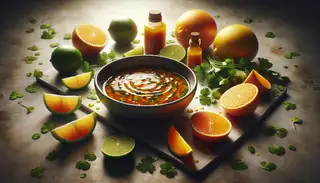 A hyper-realistic image of a vegan citrus marinade in a refined bowl, surrounded by vibrant orange, lime, and lemon slices, and fresh cilantro, in a minimalistic setting.