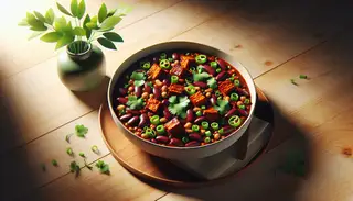 A minimalist dinner table with a warm, inviting light showcasing a bowl of Spicy Vegan BBQ Chili, garnished with cilantro and green onions, on a natural wood surface.