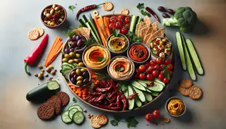 Elegant vegan charcuterie spread with harissa hummus, baba ganoush, muhammara, and vibrant garnishes on a minimalist table, bathed in light.