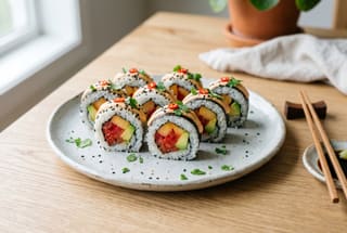 Vegan spicy sushi rolls with cured tomatoes, avocado, and adobo aioli on a minimalist plate under natural sunlight.