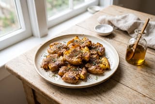 Crispy Smashed Potatoes with Porcini and Rosemary Dust Golden crispy smashed potatoes coated in a fine brown mushroom dust and rosemary on a rustic white plate.