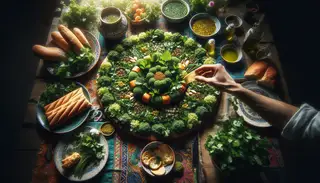 The image showcases a beautifully set table with an array of vibrant colors reflecting the rich culinary heritage of Africa. At the center, there's a stunning herbal appetizer, made with fresh parsley, cilantro, and mint leaves meticulously chopped. It exudes the aroma of garlic and spices. The dish is carefully garnished with a tangy blend of lemon juice and olive oil, alongside a sprinkle of ground cumin and coriander. The spectacular artistry of the dish is illuminated by the soft natural light. The scene also highlights a person reaching for their favorite vegan bread or a crispy cracker, eager to savor the herbal appetizer.