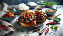 Asian-American BBQ Fusion Spiced Lunch Image of a vibrant Asian-American BBQ fusion dish featuring caramelized seitan, onions, and red bell peppers, topped with green onions, cilantro, and sesame seeds, served with rice in a minimalistic setting.