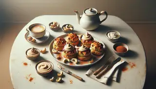 Elegant high tea setting featuring spicy vegan scones with cashew chai spread on a delicate ceramic plate, complemented by a cup of tea, against a neutral background.