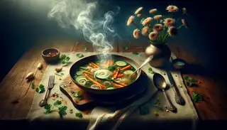 Imagine you are seated at a splendidly laid out table, hosting a bowl of freshly-made mild soup of the day. The table is embellished with dainty flowers which impart a touch of sophistication to the scene. Rising from the soup is steam, bringing with it the tantalizing scent of raw vegetables and pungent spices. The soup itself presents a lively blend of colors, with slenderly chopped onions, julienned carrots, and slice-cut zucchini creating an impressive visual effect. The broth, a hearty and tasty vegetable base, provides the perfect backdrop for the medley of ingredients. A dusting of fresh cilantro or green onions offers a pop of freshness and completes the meal. At this point, you can almost sense the warmth and solace that this mild soup extends, thanks to a man's proficiency in crafting innovative and scrumptious vegan dishes. As you lift your spoon, eager to sample the first bite, you are filled with anticipation to enjoy the subtle flavors and nourishing goodness of this soup.