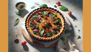 Vegan breakfast tart with a crispy golden-brown crust, filled with spinach, sun-dried tomatoes, red onion, and kalamata olives, garnished with fresh herbs on a simple table.