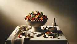 Image of a vegan African dish in a shallow bowl, featuring sorghum, sweet potatoes, and mushrooms, garnished with cilantro on a minimalist table, under warm light.