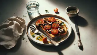 Vegan breakfast featuring confit tomato and garlic mushroom toast on a ceramic plate, garnished with fresh herbs, beside a silver fork and water glass, in natural light.
