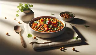 A minimalist dinner table with a bowl of vibrant Vegan Sweet Potato and Chickpea Stew, cilantro, and a rustic spoon, under warm natural light.