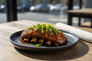 Smoked king oyster ribs with miso-bourbon glaze, yuzu zest & herbs on charcoal ceramic. Sunny California-meets-Tokyo BBQ aesthetic.