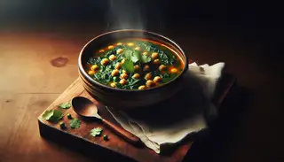 Rustic bowl of steaming Spiced Chickpea and Spinach Soup on a dark wood table, with a white napkin and wooden spoon.