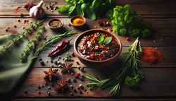 A wooden table with a vibrant bowl of tangy and bold marinade, surrounded by fresh herbs and spices, showcasing the essence of African cuisine.