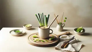 A cozy mug of Umami Elixir, adorned with sliced scallions, stands on a simple table setting, exuding vegan umami goodness.