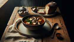 Rustic bowl of mushroom and tofu soup on a wooden table, with steam rising and a side of crusty bread. Warm lighting enhances the cozy setting.
