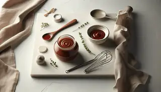 Glass jar of Umami Sauce on clean table with ceramic dish, drizzling spoon, and rosemary sprig, exuding elegance.