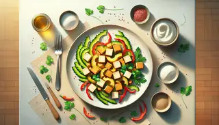 A minimalistic table setting featuring 'Vegan Bitter Marinade Delight' with golden-brown tofu, bitter melon, colorful bell peppers, sesame seeds, and cilantro on a white plate.