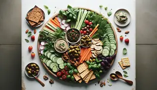 Image of a vegan herb-infused charcuterie platter on a minimalist table, featuring fresh herbs, assorted vegetables, vegan cheese, olives, vegan pâté, and nuts with dried fruits.