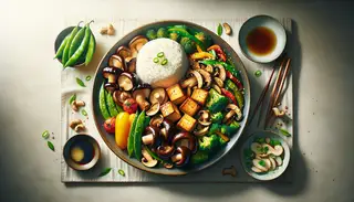 Image Alt: A captivating image of a vegan Asian banquet centerpiece featuring roasted shiitake mushrooms, golden tofu cubes in miso sauce, stir-fried bell peppers, broccoli, and snow peas. Fragrant jasmine rice, green onions, and sesame seeds complete the delectable dish.