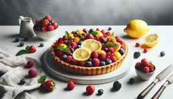 A vibrant Tangy Lemon Berry Tart on a minimalistic table, adorned with fresh mixed berries, exuding freshness and zesty vegan delight.