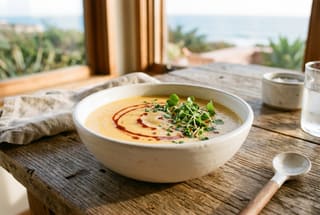 Ojai Tangerine and Toasted Cashew Crema with Charred Chile Oil A bowl of creamy orange-hued vegan soup with a bright red oil swirl and green herbs on a wooden table in natural sunlight.
