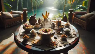 Visualize a calm morning scenario. Located on a grand table situated against the tranquil backdrop of nature, a cold breakfast spread is set. In the middle, a bowl of African-Inspired Vegan Porridge emanates welcoming steam carrying the fragrance of spices like cinnamon, nutmeg, and ginger. The table is beautifully decorated with colorful fresh toppings like sliced bananas, chopped nuts, and coconut flakes, all meticulously arranged. The serving of porridge gleams with a tantalising drizzle of maple syrup. Natural light softly streams through a nearby window, imbuing the scene with a comforting glow and illuminating the vibrant colors of the culinary arrangement. Enjoy this visual experience of a peaceful morning with a delectable African-inspired vegan breakfast.