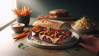 Gourmet vegan sandwich on ciabatta with vegan mozzarella, crispy tempeh, and tangy slaw, elegantly presented on a simple table setting.