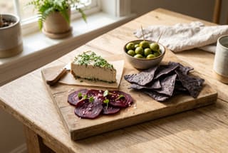 Coastal Harvest Aged Plant Board A minimalist vegan charcuterie board with aged cashew cheese, sliced roasted beets, blue corn crackers, and olives on a light wood table.
