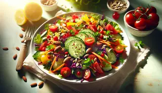 Envision an appetizing scene with a vibrant table set with a fresh salad, abundant in a variety of colors and textures. A white plate holding a salad made of shredded cabbage, julienned carrots, thin slices of cucumber, halved cherry tomatoes, diced bell peppers, sprinkled with fresh parsley and mint. Roasted sunflower seeds and sliced almonds garnish the top of the salad, adding a satisfying crunch to the mix. A drizzle of lemon dressing accentuates the ensemble, sparkling under the natural sunlight. The colors of the vegetables contrast dramatically with the white plate underneath. The image is bathed in a warm glow from the natural light, making it inviting, as it resonates with the wholesome, refreshing, and crunchy appeal of this vegan salad.