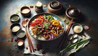 A Vegan Korean Bulgogi Bowl centered on a table, vibrant seitan, onions, and bell peppers over rice, garnished with sesame seeds and green onions.