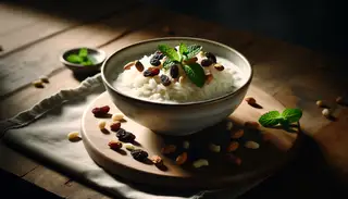 An image of a creamy jasmine rice pudding in a stylish bowl, garnished with raisins, nuts, and fresh mint on a rustic wooden table, highlighted by warm, soft lighting.