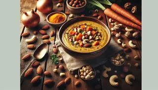 Imagine a rustic wooden table with a steaming bowl of creamy, nutty soup at its center. The warm shades of mixed nuts like rich almonds, buttery cashews, and earthy walnuts enrich the scene and complement the velvety texture of the soup. Fragments of sautéed onions and garlic, as well as vibrant chunks of carrots and celery, add a splash of color to the bowl. Closer inspection reveals the smooth consistency of the soup, achieved by the finely ground assortment of nuts. A sprinkling of fresh, green parsley serves as garnish. This scene speaks to your senses, evoking the smell, texture, and taste of the soup, radiating warmth and comfort. This soup is a vegan culinary delight, brimming with healthy fats, proteins, and fibers from the plant-based ingredients.