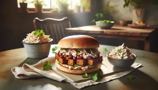 Vegan Smoky Hoisin Jackfruit Sandwich on a toasted bun with creamy coleslaw and cilantro, beside a small coleslaw serving, in a serene, naturally lit setting.