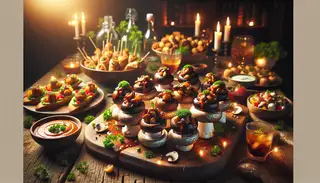 Create a picturesque scene showing a delightful appetizer spread on a rustic wooden table, under soft lighting. Center of the table is devoted to Smoky BBQ Stuffed Mushrooms, artistically arranged and garnished with fresh parsley. The mushrooms are perfectly cooked, their caps tender and shiny with the smoky jackfruit filling peeking out a little. A tangy BBQ sauce is drizzled over each mushroom, lending a burst of flavor and color. Accompanying the centerpiece are other vegan treats like crispy vegetable spring rolls, vibrant bruschetta, and a range of dips and spreads. Display elegantly, are glassware filled with infused water and iced tea. The warm and inviting ambiance is accentuated by the soft lighting glowing over the table. This image captures the essence of a delightful appetizer spread, ready to be savored by loved ones.