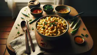 A bowl of creamy, golden Asian-inspired vegan mac and cheese on a minimalist wooden table, topped with green onions and sesame seeds, suggesting warmth and spice.