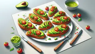 Vegan bruschetta with avocado and tomato on toasted baguette slices, displayed on a plain table, focusing on the colorful and appetizing toppings.