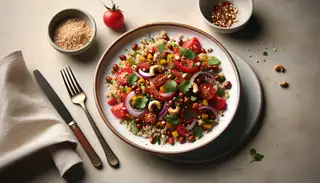 Vegan African-flavored tossed lunch on a white plate, featuring sorghum, tomatoes, bell peppers, onions, cilantro, and cashews, with a silver fork and bowl beside it.