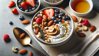A bowl of creamy plant-based yogurt topped with almond butter, mixed nuts, chia seeds, maple syrup, and fresh berries. Nutty Breakfast. Protein: 15g, Fat: 10g, Carbs: 25g, Fiber: 8g, Calories: 250. Prep Time: 5 mins.
