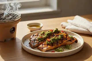 Caramelized miso king oyster mushrooms with ginger salsa verde. Elegant plant-based Mediterranean-Asian fusion on a sun-drenched oak table.