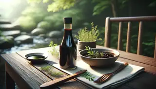 A serene, elegant table setting with a captivating marinade dish featuring balsamic vinegar, soy sauce, and Italian herbs, exuding richness and freshness.