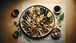 Aromatic vegan 'Seafood' Platter with king oyster mushrooms, hearts of palm, and nori, garnished with herbs and lemon on a warmly lit, minimalist table.