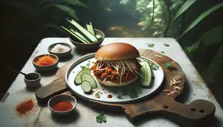 Image of a serene natural setting with a clean table showcasing Smoky Hoisin Jackfruit Buns, topped with cucumber, carrots, cilantro, and a drizzle of Sriracha.
