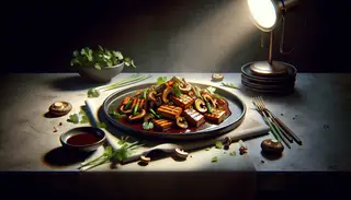 Golden-brown grilled tempeh and sautéed shiitake mushrooms in a savory glaze, garnished with herbs on an elegant placemat, under subtle lighting.