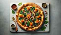 Artisan vegan pizza with sweet potato, spinach, onions, peppers, and vegan cheese on a minimalist table.
