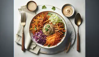 Vegan Shredded Comfort Bowl on a pristine table, with caramelized jackfruit, carrots, purple cabbage, vegan dressing, sesame seeds, and cilantro.