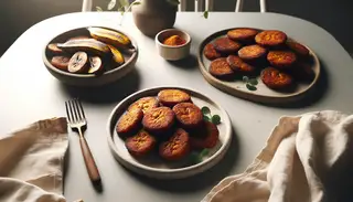 Golden, crispy vegan plantain fritters on a clean table, highlighting their appetizing texture and manageable size.