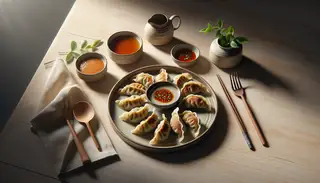 Cozy dinner setting with crispy vegan dumplings on a ceramic plate, spicy dipping sauce, a single leaf in a vase, and a folded napkin, all on a wooden table, subtly lit.