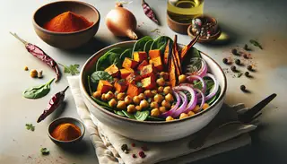 Vibrant Vegan African-Inspired Roasted Sweet Potato and Chickpea Bowl with fresh spinach and spices, set on a minimalistic table, highlighting the dish's colors and texture.